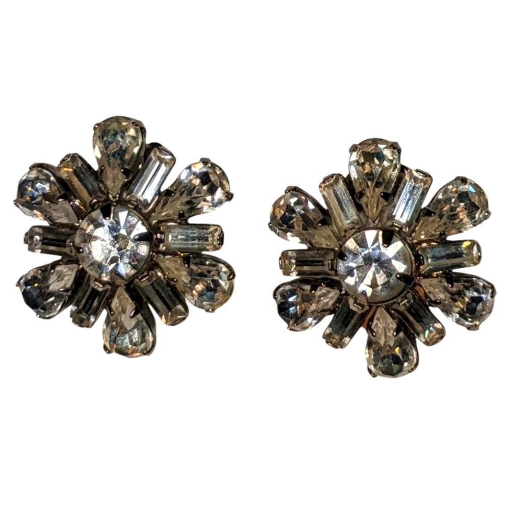 Beautiful Rhinestone Crystal Vintage ClipOn Earrings Women's Mid Century Jewelry